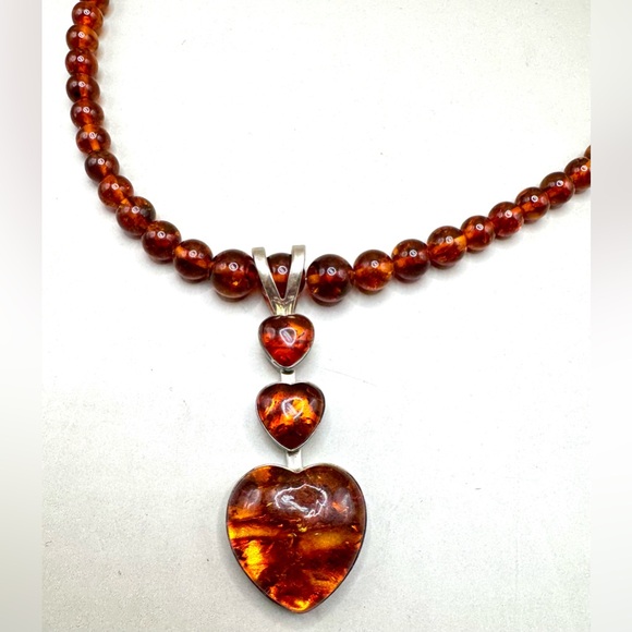 Jay King Sterling Silver Amber Heart Pendant Beaded Necklace - Picture 3 of 5